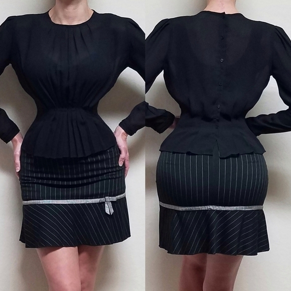 VINTAGE 60s First Chance Sheer Black Blousen Peplum Top Pinstripe Mini Skirt Set - Picture 1 of 16